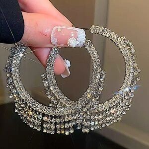 SILVER CRYSTAL TASSEL OVERSIZED HOOP EARRINGS
